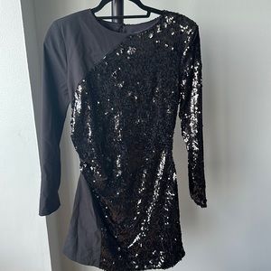 NWT Zara Black Sparkling Sequin Long Sleeve Asymmetrical Dress